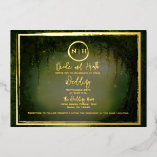 Groene Bos Lichtjes Elegant Trouwfoto Goud Folie Uitnodiging