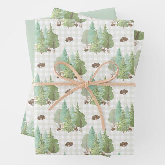 Groene bosbomen paddenstoelen inpakpapier vel (In situ)