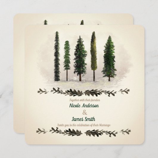 groene bosbomen rustieke houten bruiloft kaart (Voorkant / Achterkant)