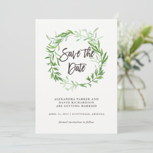 Groene botanische bladeren die de datum sparen save the date (Staand voorkant)