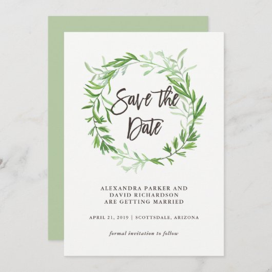 Groene botanische bladeren die de datum sparen save the date (Voorkant / Achterkant)