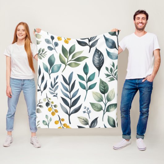 Groene botanische bladeren fleece deken (In situ)