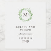 Groene botanische bladeren krans met monogram wijn etiket (Enkel label)