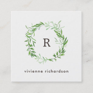 Groene botanische bladeren Wreate en Monogram Vierkante Visitekaartje