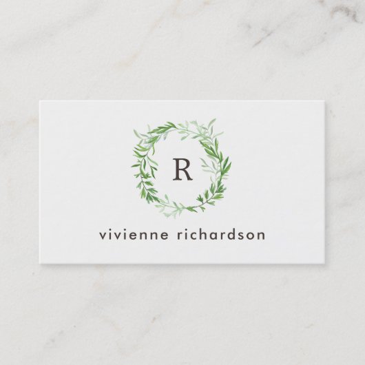 Groene botanische bladeren Wreate en Monogram Visitekaartje (Voorkant)