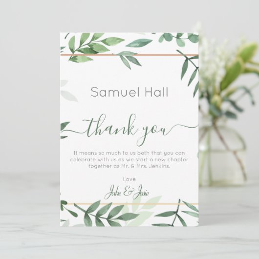 Groene Botanische bruiloft Dank u Tafel Kaart (Staand voorkant)