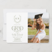 Groene Botanische Crest Monogram Afstuderen Foto Kaart (Voorkant)