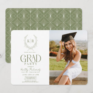 Groene Botanische Crest Monogram Afstuderen Foto Kaart