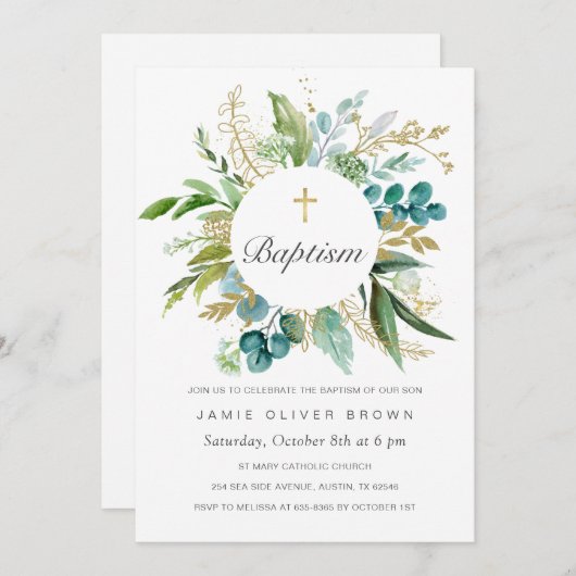 Groene Botanische Doop Uitnodiging Jongen (Voorkant / Achterkant)