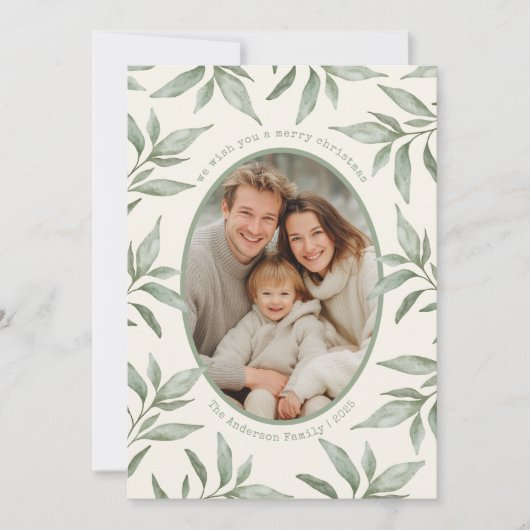 Groene Botanische Foto Vrolijk Kerstfeest Feestdagenkaart (Voorkant)