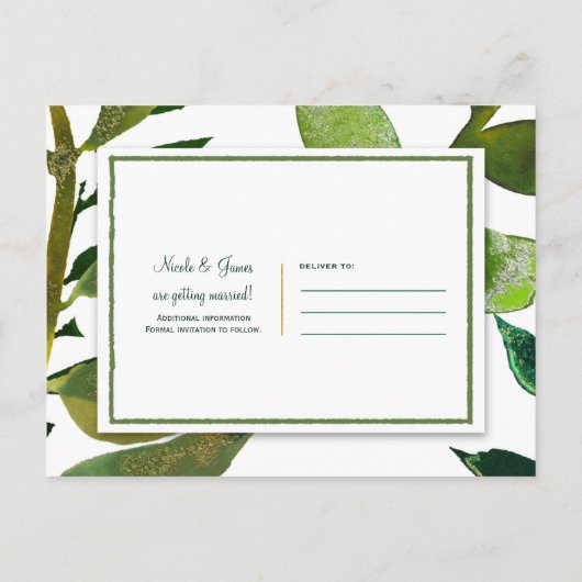 Groene Botanische Glam Plant Bladeren Save the Dat Aankondigingskaart (Achterkant)