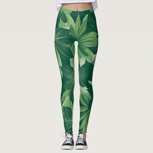 Groene Botanische Leaf All-Over-Print Leggings (Voorkant)