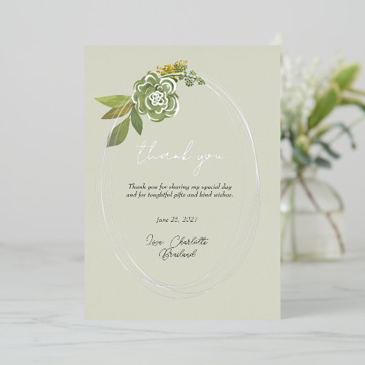 Groene Botanische Moderne Bloemen Dank u Folie Uitnodiging (Staand Voorkant)