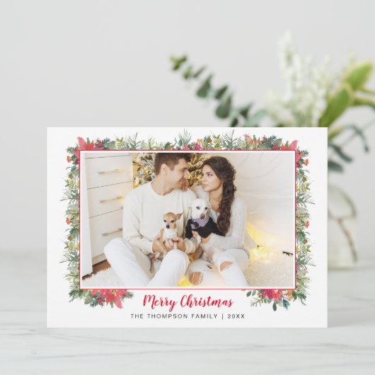 Groene botanische script foto Kerstmis Feestdagenkaart (Staand voorkant)