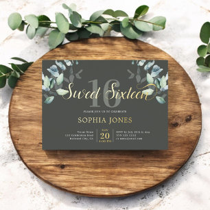 Groene Botanische Script Sweet 16 Folie Uitnodigin Uitnodiging