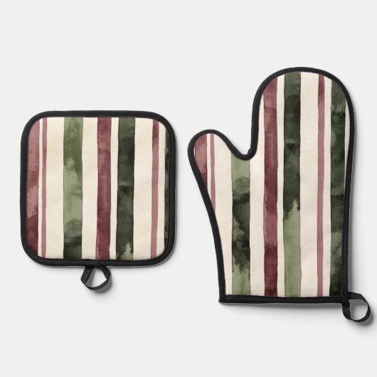 Groene Bourgogne Stripes Kerstmis Ovenwant & Pannenlap Set (Voorkant)