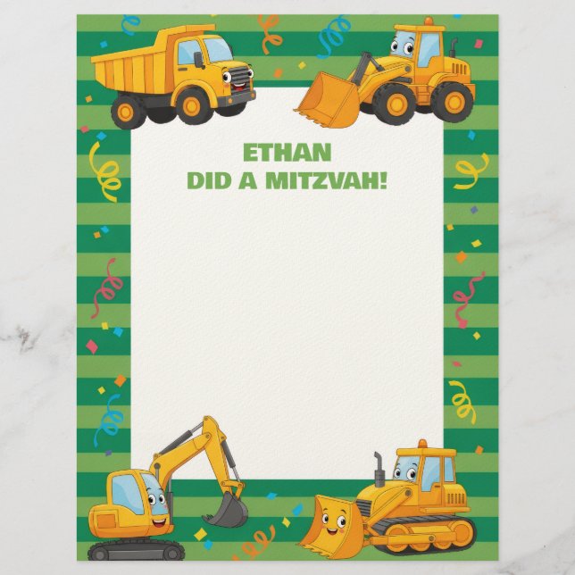 Groene bouwtrucks Gepersonaliseerd Mitzvah Notes Briefhoofd (Voorkant)