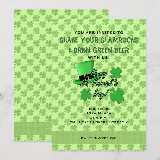 Groene bovenhoed Shamrocks St. Patricks Day Invite Kaart (Voorkant / Achterkant)