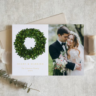 Groene Boxwood Krans Pas getrouwd Kerstfoto Folie Feestdagenkaart