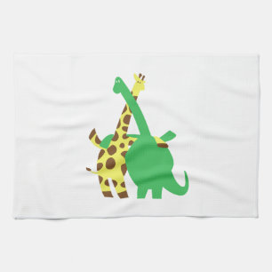 Groene Brachiosaurus en giraffe hugs cartoon Theedoek