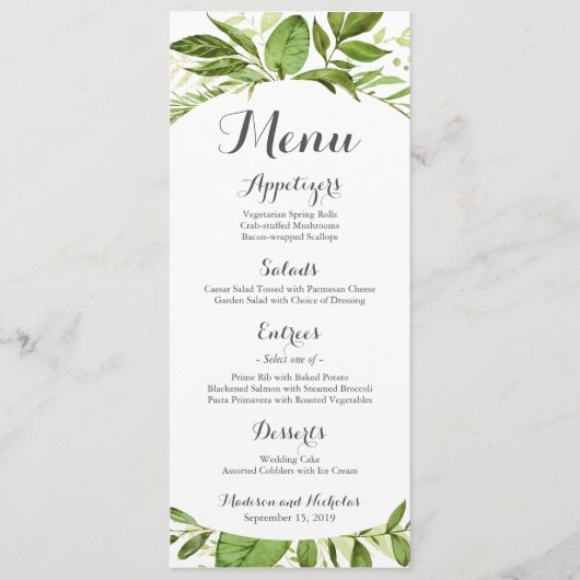 Groene Bruiloft Menu Rack Kaarten, Rustiek groen (Voorkant)