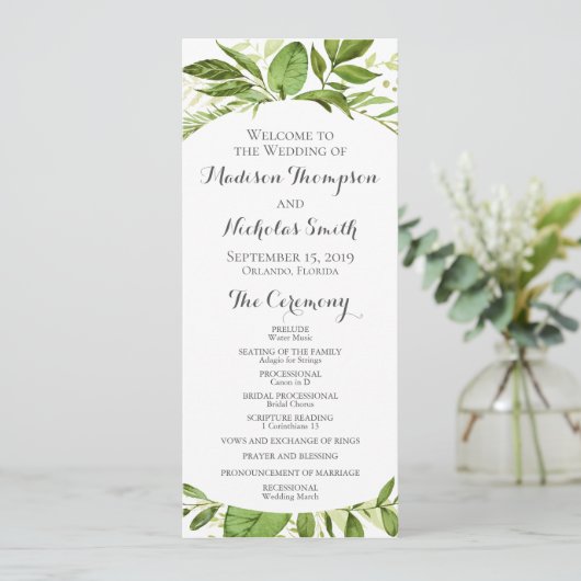 Groene bruiloft programma Kaarten, rustieke groen (Staand voorkant)