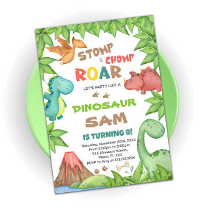Groene & Bruine Dinosaurus Verjaardag Uitnodiging