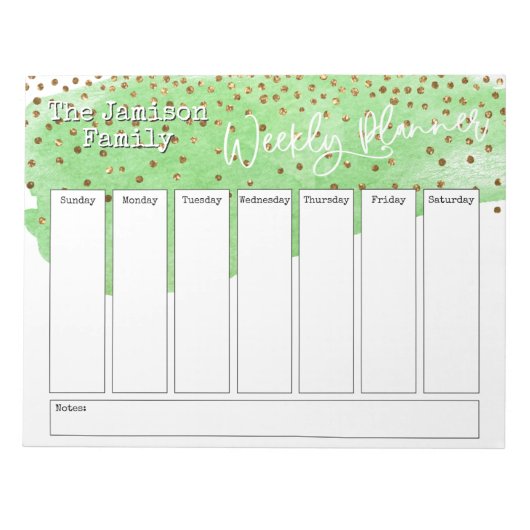 Groene Brushstroke Gold Confetti Weekplanner Notitieblok (Voorkant)