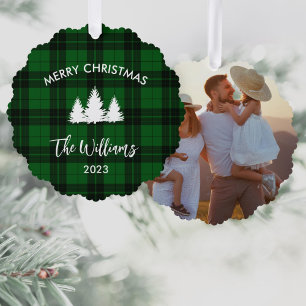 Groene Buffalo Plaid Familie Foto Ornament Kaart
