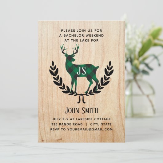 Groene Buffalo Plaid Hert Monogramme Verloofd Fees Kaart (Staand voorkant)