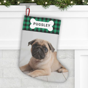 Groene Buffalo Plaid Hondenbot Naam en Foto Kleine Kerstsok