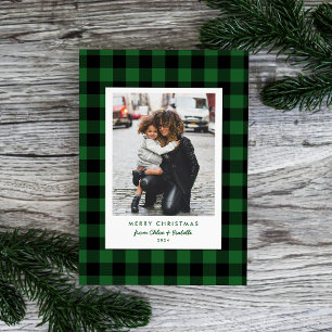 Groene Buffalo Plaid Kerst Enkele Foto Feestdagenkaart