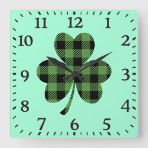 Groene Buffalo Plaid Shamrock Klaverontwerp-61104 Vierkante Klok