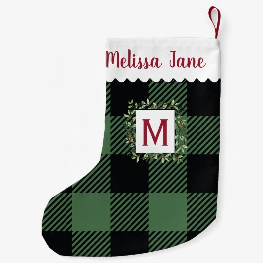 Groene Buffel Check Evergreen Krans Monogram Kleine Kerstsok (Achterkant)
