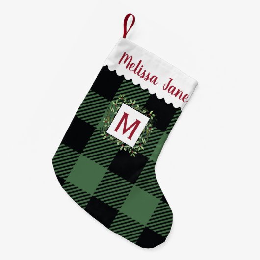 Groene Buffel Check Evergreen Krans Monogram Kleine Kerstsok (Voorkant (Hangend))