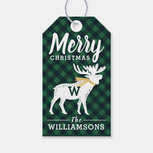 Groene Buffel Plaid Moose Monogram Kerst Cadeaulabel (Voorkant)