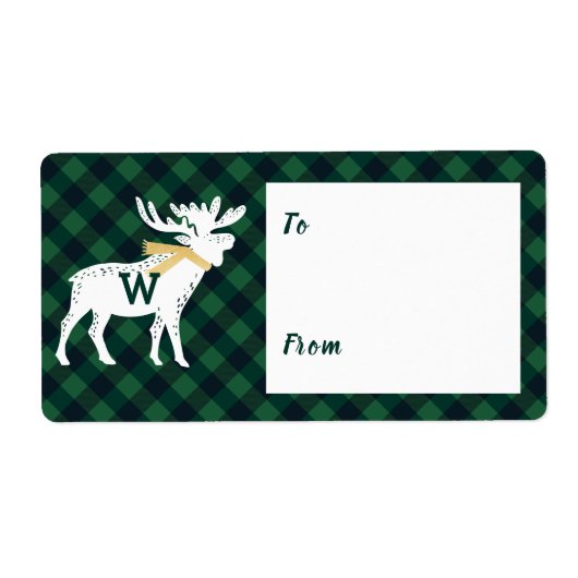Groene Buffel Plaid Moose Monogram Kerst Etiket (Voorkant)