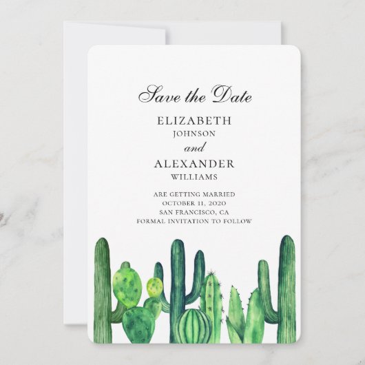Groene cactus bespaart de datum. Summer bruiloft c Save The Date (Voorkant)