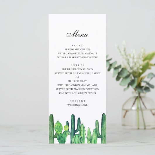 Groene cactus bruiloft menu. Cactussen diner menu (Staand voorkant)