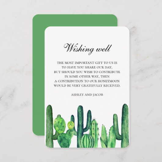 Groene cactus bruiloft wensen goed. Cactussen invo Informatiekaartje (Voorkant / Achterkant)