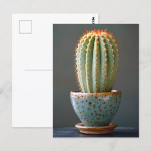 Groene Cactus in een Blauwgroen keramische potfoto Briefkaart
