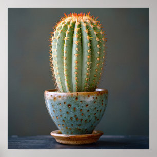 Groene Cactus in een Blauwgroen keramische potfoto Poster