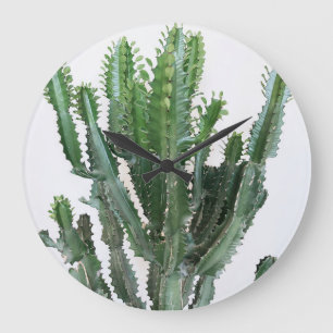 Groene cactus: minimalistische witte achtergrond grote klok