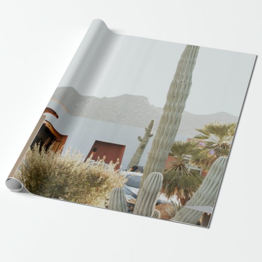 Groene cactus naast huizen 's ochtends cadeaupapier (Uitgerold)