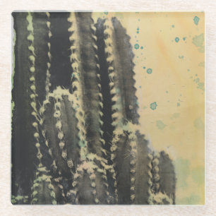 Groene Cactus op gele achtergrond Glazen Onderzetter