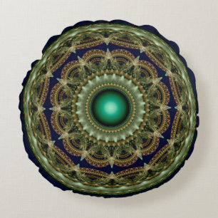 Groene caleidoscopische fractale ronde patroon rond kussen