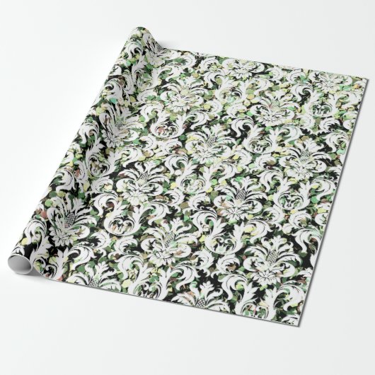 Groene Cali Mint Witte Metallic Damask Sequin Cadeaupapier (Uitgerold)