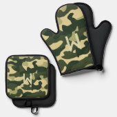 Groene Camouflage Monogram Camping Pensioen Ovenwant & Pannenlap Set (Voorkant / Achterkant)