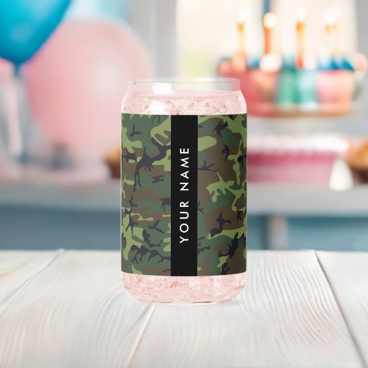 Groene camouflagepatroon, Jouw naam, personalisere Blikvorm Glas (Insitu (Baby Shower))