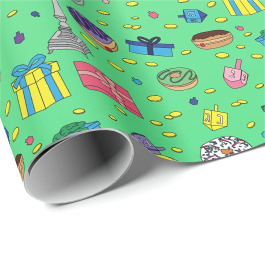 Groene Chanoeka Patroon Cadeaupapier (Rol Hoek)